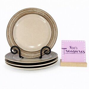 Thomson Pottery BIRCH Textured Brown Rings On Cream Ceramic Dinner Plates Set 4